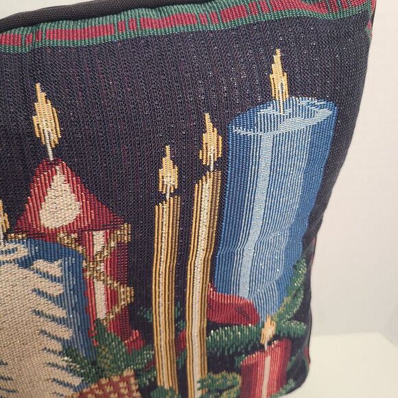 Vintage Winter Christmas Tapestry Pillow Candles Rectangular Metallic 15x11 - Picture 4 of 7